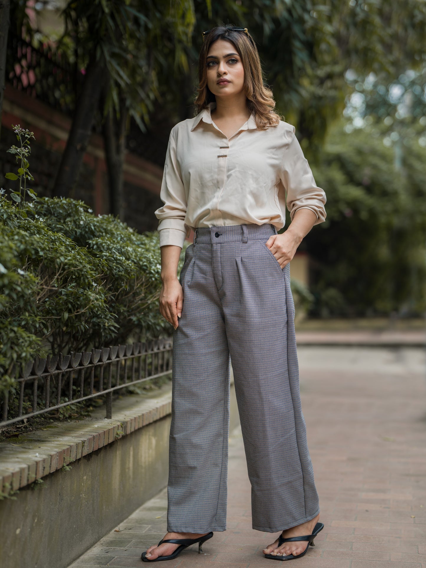 Grain Check Wide Leg Pant